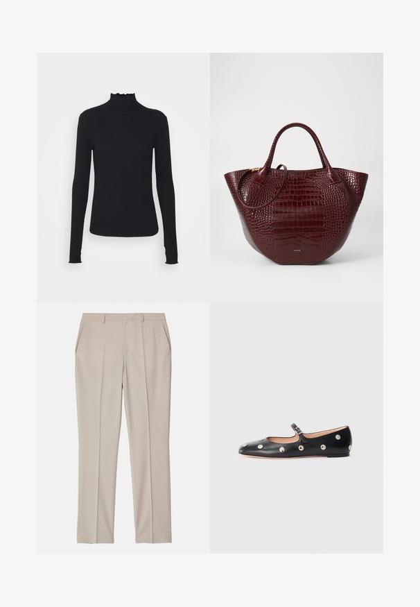 Czarny, długi rękaw, golf z gładkiego materiału, z falbaniastym kołnierzem i dopasowanym krojem z prostymi brzegami.; Filippa K EMMA beżowy; Czarne skórzane buty typu Mary Jane na płaskim obcasie z zaokrąglonym czubkiem, ozdobione srebrnymi okrągłymi ćwiekami oraz regulowanym paskiem z klamrą.; Bordowa torebka tote z wytłoczonej skóry krokodyla, z dwoma uchwytami, zaokrąglonym kształtem i subtelnym akcentem w złotym kolorze.