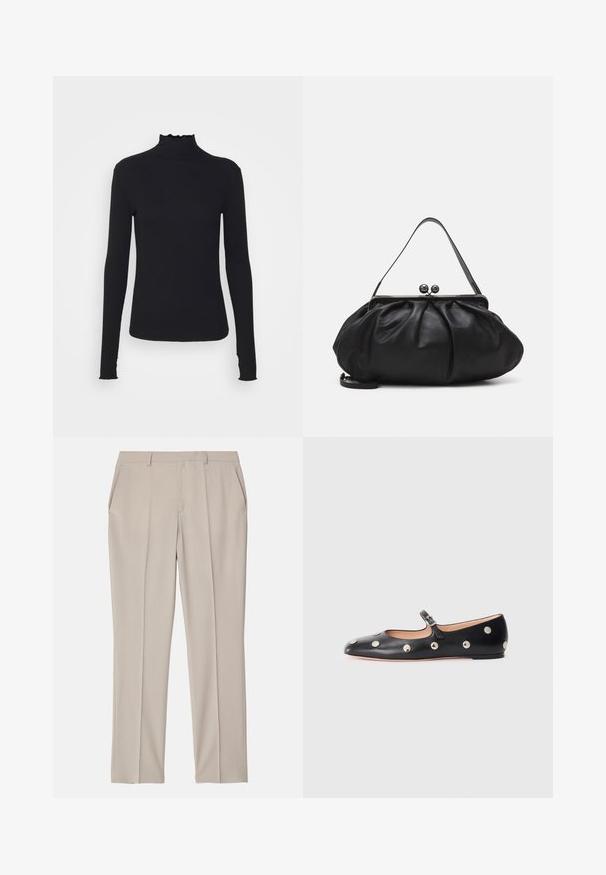 Maglione nero a maniche lunghe con colletto a dolcevita realizzato in tessuto morbido, caratterizzato da un collo arricciato e una silhouette aderente con bordi semplici.; Filippa K EMMA TROUSERS - Pantaloni - desert tau; Scarpa flat nera in pelle tipo Mary Jane con punta arrotondata, caratterizzata da borchie circolari argentate e una fascia regolabile con fibbia.; Borsa a mano in pelle nera con un design arrotondato e plissettato. Presenta una chiusura metallica con due palline decorative e una tracolla sottile e removibile.