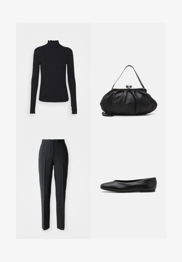 Črn dolg rokav turtleneck zgornji del iz gladkega materiala, ki se ponaša z nabranim ovratnikom in prilegajočim silhueto s preprostimi robovi.; Črne oblikovane hlače ravnega kroja z visokim pasom in sprednjimi gubami, prikazane na enostavni svetli podlagi.; Paul Smith TOPANGA - Balerinke - black; Črna usnjena torbica za roke z zaobljeno, naborkano zasnovo. Opremljena je z metalnim zapiralom z dvema dekorativnima kroglicama in tankim, odstranljivim trakom.