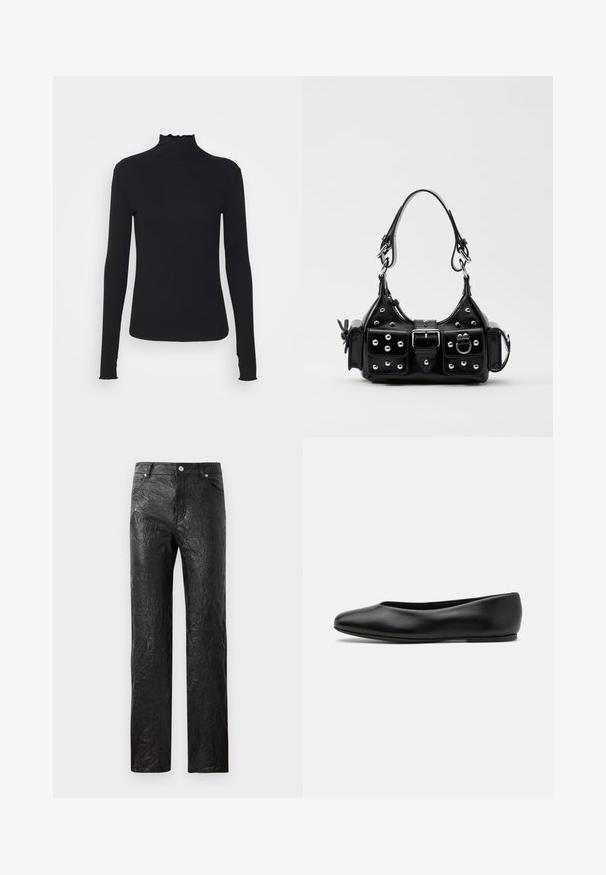 Black long-sleeve turtleneck top made of smooth fabric, featuring a ruffled neck and fitted silhouette with simple edges.; Black, crinkled pants made of synthetic material, featuring a straight leg design and five-pocket styling with silver hardware accents.; Paul Smith TOPANGA - Ballet pumps - black; Black leather handbag with a curved design, featuring silver studs, a buckle, and two side pockets. Adjustable strap for carrying options.