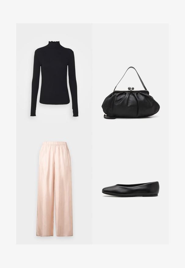 Black long-sleeve turtleneck top made of smooth fabric, featuring a ruffled neck and fitted silhouette with simple edges.; Pants in light pink satin with a relaxed fit, featuring an elastic waistband and wide legs. Smooth texture with no visible patterns or accents.; Paul Smith TOPANGA - Ballet pumps - black; Black leather handbag with a rounded, pleated design. Features a metallic clasp with two decorative balls and a slim, detachable strap.
