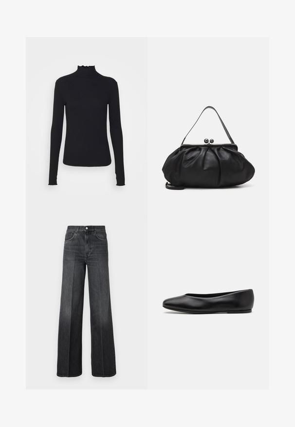 Czarny, długi rękaw, golf z gładkiego materiału, z falbaniastym kołnierzem i dopasowanym krojem z prostymi brzegami.; Jeans o szerokich nogawkach w ciemnoszarym denimu, z wysokim stanem, szlufkami na pasek i klasycznym pięciokomorowym designem. Delikatne wyblaknięcia z przodu.; Paul Smith TOPANGA czarny; Czarna skórzana torebka o zaokrąglonym, plisowanym wzorze. Posiada metalowy zamek z dwoma dekoracyjnymi kulkami oraz smukły, odpinany pasek.