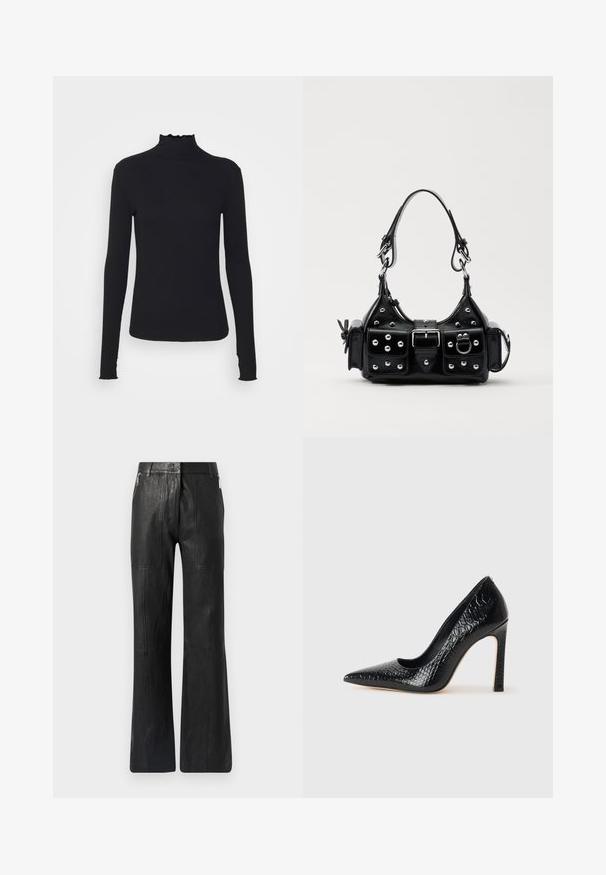 Čierny dlhý rukáv turtleneck top vyrobený z hladkej látky, s volánovým golierom a priliehavou siluetou s jednoduchými okrajmi.; Čierne kožené nohavice s širokými nohavicami, ktoré ponúkajú hladkú textúru, vertikálne švy a bočné zipsové vrecká pre dodatočný detail.; Čierna lodička s špicatou špičkou a lakovanou textúrou krokodíla, s elegantným dizajnom, vysokým stiletto podpätkom a hladkým čiernym interiérom.; Čierna kožená kabelka s zakriveným dizajnom, doplnená striebornými cvočkami, prackou a dvoma bočnými vreckami. Nastaviteľný popruh poskytuje rôzne možnosti nosenia.