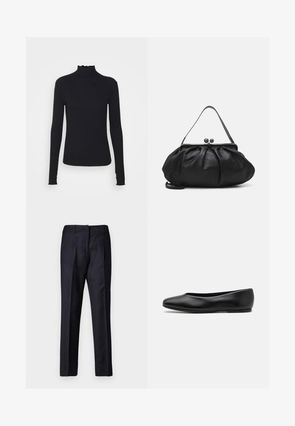 Zwarte langärmelige turtleneck top van soepel stof, met een gerimpelde hals en een aansluitende silhouet met eenvoudige randen.; Marineblauwe op maat gemaakte broek met een gladde textuur, voorzien van een rechte taille, dubbele plooien en ceintuurlussen. Rechtingesneden pijpen, afgewerkte zoom.; Paul Smith TOPANGA - Ballerina's - black; Zwarte leren handtas met een afgerond, geplooid ontwerp. Voorzien van een metalen sluiting met twee decoratieve bollen en een smalle, afneembare schouderband.