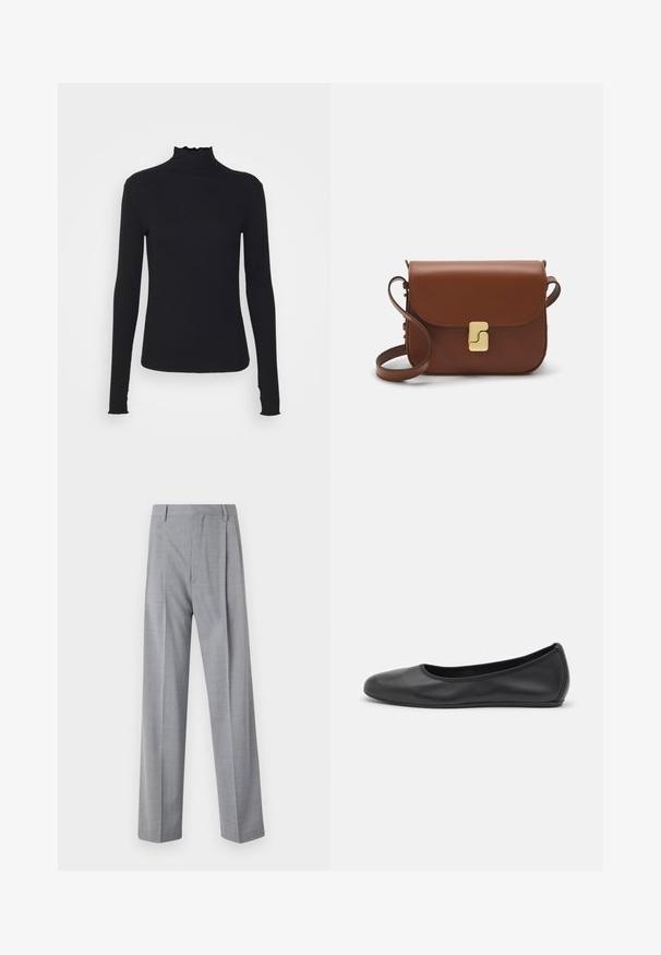 Black long-sleeve turtleneck top made of smooth fabric, featuring a ruffled neck and fitted silhouette with simple edges.; Gray, lightweight trousers with a tailored fit, featuring a smooth texture, subtle pattern, and two front pleats for added detail.; Black leather ballet flat with a rounded toe, smooth texture, minimal stitching detail, and a flexible sole design.; Brown leather handbag with a flap closure, gold-tone hardware, a shoulder strap, and a smooth texture. Compact rectangular shape.