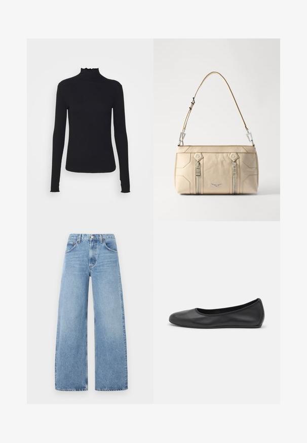 Must kannus varrukatega turtleneck, mis on valmistatud siledast kangast, koos rippuvate kraede ja liibuva siluetiga, millel on lihtsad servad.; Heledad sinine laiemat jalad teksad, mis on valmistatud denimist, kõrge taljega, viie taskuga ja kontrastse õmblusega. Ilma nähtava kulumise või kaunistusteta.; Musthave mustika tantsutossud mustast nahast, ümmarguse varbaga, siledast tekstuurist, minimaalse õmblusdetailiga ja paindliku tallakujundusega.; Bež nahk tasku hõbedase riistvaraga, kahe külgse lukuga, struktuurne disain ja eemaldatav rihm mitmekesiste kandmisvõimaluste jaoks.