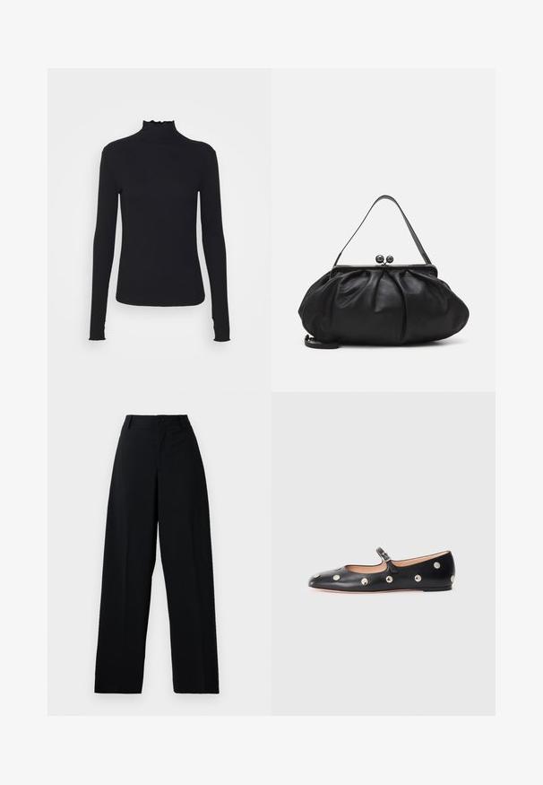 Fekete, hosszú ujjú, garbós felső sima anyagból, fodros gallérral és illeszkedő sziluettel, egyszerű élekkel.; Fekete, magas derekú, bő szárú nadrág gombos és cipzáras záródással, övhurkokkal és tiszta, sima anyagú felülettel.; Fekete bőr Mary Jane lapossarkú cipő, lekerekített orral, ezüst színű kör alakú szegecsekkel és állítható pánttal, csattal.; Fekete bőr kézitáska lekerekített, pliszírozott dizájnnal. Fémes zárja két dekoratív golyóval és egy vékony, lecsatolható pánttal rendelkezik.