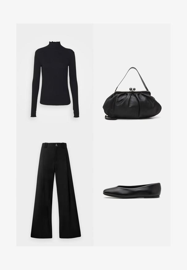 Crni dugi rukav turtleneck majica izrađena od glatkog materijala, s volanima oko vrata i uskim siluetom s jednostavnim rubovima.; Crne hlače širokih nogavica od glatke tkanine, s visokim strukom, plisiranim detaljima i logom na leđima. Čist, krojeni dizajn bez uzoraka.; Paul Smith TOPANGA - Balerinke - black; Crna kožna torba s zaobljenim, naboranim dizajnom. Ima metalnu kopču s dva ukrasna gumba i tanki, odvojivi remen.