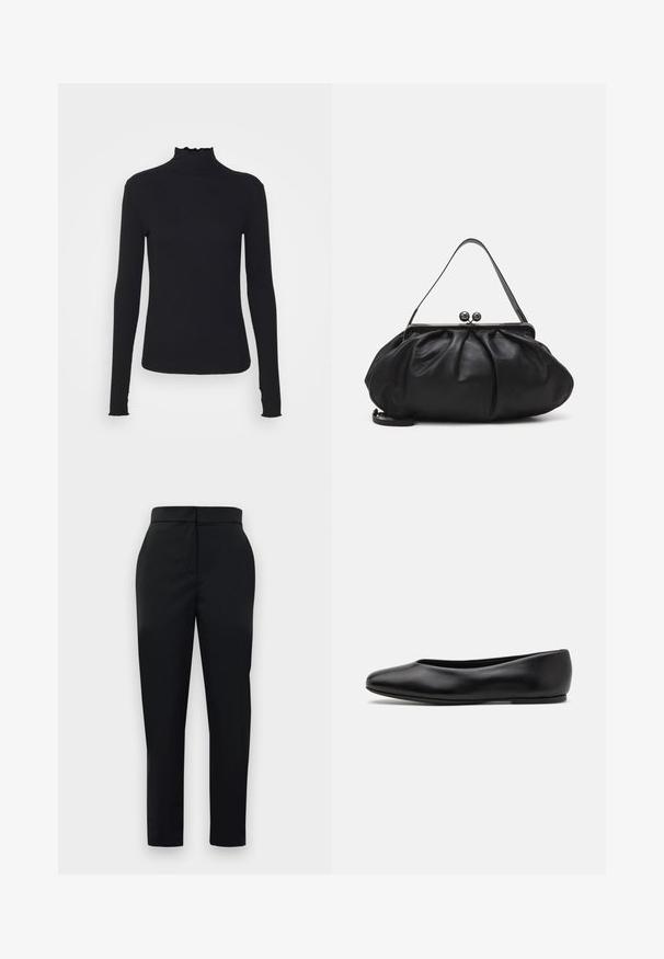 Black long-sleeve turtleneck top made of smooth fabric, featuring a ruffled neck and fitted silhouette with simple edges.; Black tailored trousers with a smooth texture, straight fit, and front zipper. Features a minimalistic design and clean lines.; Paul Smith TOPANGA - Ballet pumps - black; Black leather handbag with a rounded, pleated design. Features a metallic clasp with two decorative balls and a slim, detachable strap.