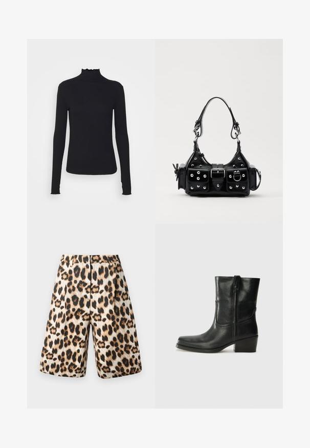 Musta pitkähihainen poolotoppi, joka on valmistettu sileästä kankaasta, jossa on röyhelökaulus ja tiukka siluetti yksinkertaisilla reunoilla.; Shortsit leopardipainatuksessa, joissa on beige ja musta yhdistelmä, laskostettu muotoilu ja sivutaskut. Valmistettu sileästä kankaasta, jossa on kiiltävä pinta.; Musta nahkasaapas nilkkamittaisella varrella, pyöreällä kärjellä, lohkarekorolla, sivuvetoketjulla ja ompeluaksentilla varren yläosassa. Suora pinta, klassinen muotoilu.; Musta nahkainen käsilaukku, jossa on kaareva muotoilu, hopeiset niitit, solki ja kaksi sivutaskua. Säädettävä olkahihna erilaisiin kantovaihtoehtoihin.