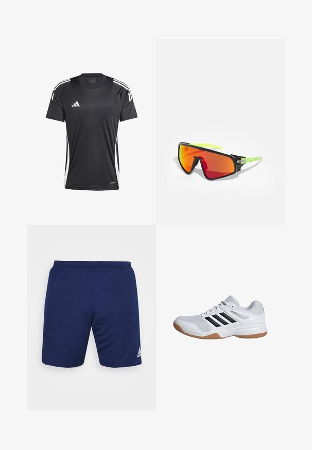 Mustat urheilupaidat, joissa on lyhyet hihat, valkoisilla sivuviiruilla ja Adidas-logolla. Valmistettu sileästä, kosteutta siirtävästä materiaalista.; Navy urheilusortsit, jotka on valmistettu hengittävästä kankaasta. Mukana joustava vyötärö ja valkoinen Adidas-logo oikeassa alakulmassa.; Valkoiset urheilun kengät mustilla raitakorostuksilla, verkkopinta, pehmustettu pohja ja kumipohja. Suunniteltu mukavuuden ja tuen tarjoamiseksi urheilussa.; Urheilusilmälasit mustalla kehyksellä, suurikokoiset oranssit linssit ja erottuvat vihreät kuviotemplit. Keveä muotoilu ulkokäyttöön.