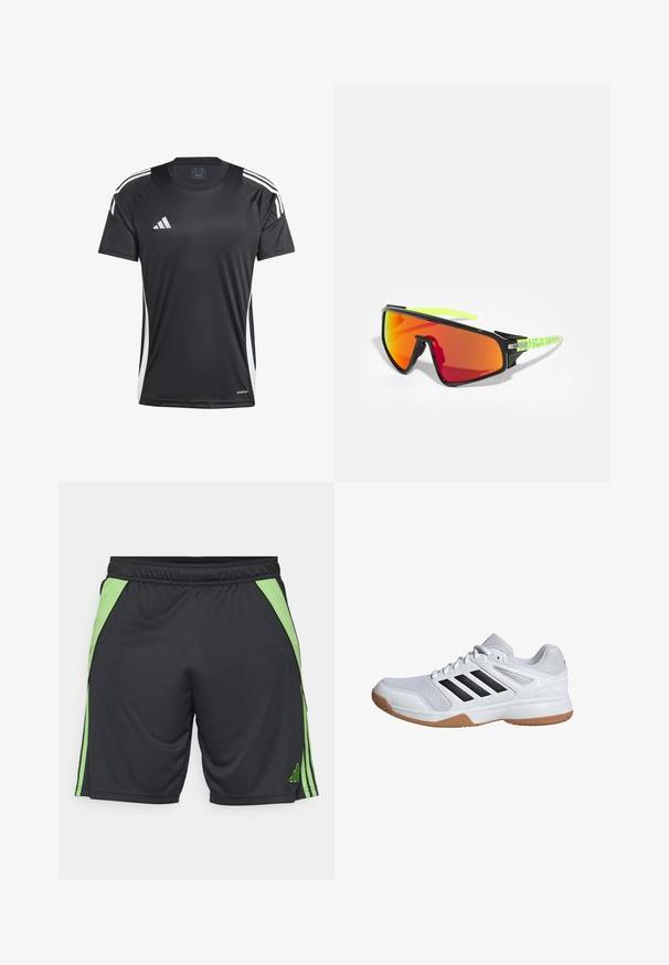 Schwarzes sportliches T-Shirt mit kurzen Ärmeln, versehen mit weißen Seitenstreifen und Adidas-Logo. Hergestellt aus glattem, feuchtigkeitsableitendem Material.; Schwarze Sportshorts mit grünen seitlichen Akzenten und Streifen. Hergestellt aus leichtem Material, mit einem elastischen Bund für zusätzlichen Komfort.; Weißer Sportschuh mit schwarzen Streifenakzenten, Netzobermaterial, gepolsterter Sohle und Gummiaußensohle. Entwickelt für Komfort und Unterstützung im Sport.; Sport-Sonnenbrille mit schwarzem Rahmen, übergroßen orange getönten Gläsern und auffälligen grün gemusterten Bügeln. Leichtes Design für den Außeneinsatz.