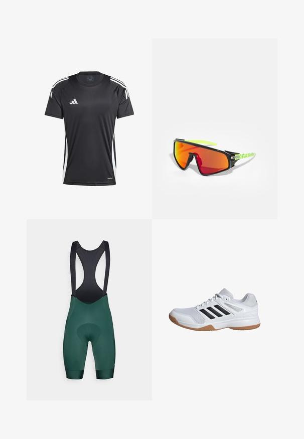 Sort atletisk t-shirt med korte ærmer, udstyret med hvide sidelister og Adidas-logo. Lavet af glat, fugtabsorberende materiale.; Grøn cykelbibs med sorte stropper, der har et polstret chamois-område og en glat tekstur. Designet inkluderer en mesh-ryg for ventilation.; Hvid sportsko med sorte stribede detaljer, mesh-overdel, polstret sål og gummisål. Designet til komfort og støtte i sport.; Sports solbriller med en sort ramme, overdimensionerede orange linser og karakteristiske grønne mønstrede stænger. Letvægtsdesign til udendørs brug.