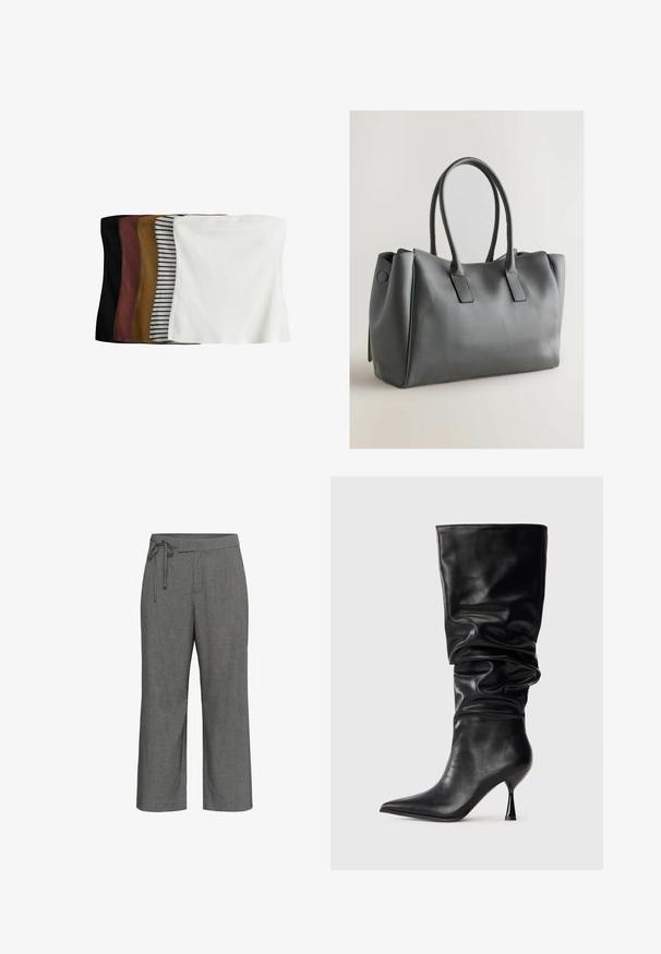 Ensemble de cinq tops courts : noir, marron foncé, olive, beige avec des rayures blanches et blanc. Fabriqués en tissu côtelé, design sans couture, ajustement extensible.; Pantalon large gris avec un motif de fines rayures, taille haute et détail de ceinture à lien noué à la taille.; Botte noire en cuir, hauteur genou, avec un design ample, bout pointu et talon aiguille fin, présentant une texture lisse et des accents minimaux.; Sac à main en cuir gris avec double poignée, forme rectangulaire, texture lisse et design minimaliste. Présente des panneaux latéraux plats et des coutures discrètes.