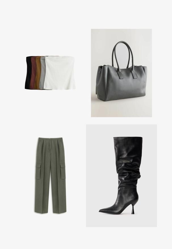 Zestaw pięciu crop topów: czarny, ciemnobrązowy, oliwkowy, beżowy w białe paski oraz biały. Wykonane z prążkowanej tkaniny, bezszwowy design, elastyczne dopasowanie.; Zielone spodnie cargo o prostym kroju, z dwiema dużymi kieszeniami bocznymi i teksturowanym materiałem. Fałdowany przód zwiększa strukturę.; Czarne skórzane kozaki za kolano o luźnym kroju, z wąskim czubkiem i cienkim obcasem typu stiletto, charakteryzujące się gładką teksturą i minimalnymi akcentami.; Szara skórzana torebka na ramię z podwójnymi uchwytami, prostokątny kształt, gładka faktura i minimalistyczny design. Posiada płaskie panele boczne i subtelne przeszycia.