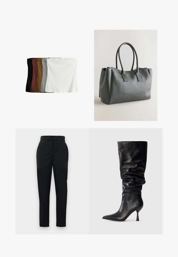 Set van vijf crop tops: zwart, donkerbruin, olijfgroen, beige met witte strepen, en wit. Gemaakt van ribbelstof, naadloos ontwerp, rekbaar pasvorm.; Zwarte op maat gemaakte broek met een gladde textuur, rechte pasvorm en een rits aan de voorkant. Heeft een minimalistisch ontwerp en strakke lijnen.; Zwarte leren kniehoog laars met een slouchy ontwerp, spitse neus en een dunne stilettohak, met een gladde textuur en minimale accenten.; Grijze leren handtas met dubbele handvatten, rechthoekige vorm, gladde textuur en minimalistisch ontwerp. Beschikt over platte zijpanelen en subtiele stiksels.