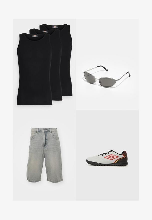 Fekete ujjatlan trikók három darabos kiszerelésben. Bordás textúra, klasszikus kerek nyakkivágás. Az alján kis márkajelzés található.; Világoskék farmernadrág rövidnadrág laza szabással, öt zsebbel, övbújtatókkal és elhalványult textúrával. A szegély fel van hajtva és meg van varrva.; Fehér sportcipő textúrált felsőrésszel, piros és sárga díszítésekkel. A talpa fekete, kiemelkedő tapadási mintázattal.; Sötétített lencsékkel rendelkező napszemüveg, elegáns, ezüst színű fém vázzal, aerodinamikus kialakítással, hegyes szélekkel és vékony szárakkal.