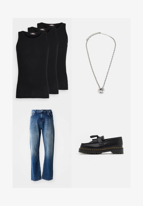 Magliette senza maniche nere in confezione da tre. Texture a coste, scollatura a giro standard. L'orlo presenta un piccolo logo del brand nella parte inferiore.; Jeans in denim con taglio dritto, lavaggio blu chiaro e scuro con sbiaditure, cinque tasche e chiusura a bottone.; Mocassino in pelle nera con un'accento a frange, dotato di una suola nera spessa e cuciture gialle lungo il bordo. Finitura testurizzata.; Collana in metallo argentato con una design a catena attorcigliata e un pendente circolare con una finitura lucida.