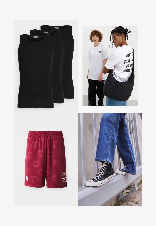 Černé tílka v balení po třech. Žebrovaná textura, standardní kulatý výstřih, bez rukávů. Spodní lem má malé logo značky.; Hnědé sportovní šortky s elastickým pasem, se subtilním vzorem srdcí a bílým logem se třemi hvězdami na jedné nohavici.; Černé vysoké tenisky s bílou podrážkou a tkaničkami, v kombinaci s volnými modrými džíny, odpočívající na šedém zábradlí.; Černá prošívaná taška na rameno s měkkou texturou, kterou má na sobě osoba v bílém grafickém tričku s výrazným textem. Neformální oblečení s džíny.