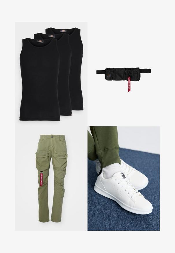 Melni bezpiedkakla topi trīs komplektā. Ribota tekstūra, standarta apaļā izgriezumā, bez piedurknēm. Apakšmalā ir neliela zīmola logo.; Alpha Industries TACTICAL PANT - Armijas stila bikses - olive; Baltas sporta apavi, izgatavoti no gludas sintētiskas materiāla, ar perforēta dizaina akcentiem, melnu papēža cilpu un platu baltu gumijas zoli.; Melnas neilona jostas soma ar vairākiem ar rāvējslēdzējiem kabatām un regulējamu siksnu. Piedāvā sarkanu uzlīmi ar tekstu "ALPHA" un "IERODIES PIRMS LIDOJUMA".