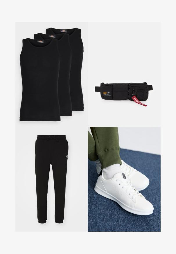 Mustat hihattomat t-paidat kolmessa paketissa. Ribbed-kudontaa, tavallinen crew-kaarroke, ilman hihoja. Helmaosa sisältää pienen brändilogon alareunassa.; Musta collegehousut pehmeästä kankaasta, jossa on joustava vyötärönyöri ja resorit. Pieni valkoinen logo on näkyvissä.; Valkoiset tennarit, jotka on valmistettu sileästä synteettisestä materiaalista, joissa on rei'itettyjä yksityiskohtia, musta kantapää sekä litteä valkoinen kumipohja.; Mustahdim mustahiya zamu na nylon ya kasance da kyau da tambarin fenti tare da rubutu. Tsarin karami da aiki.