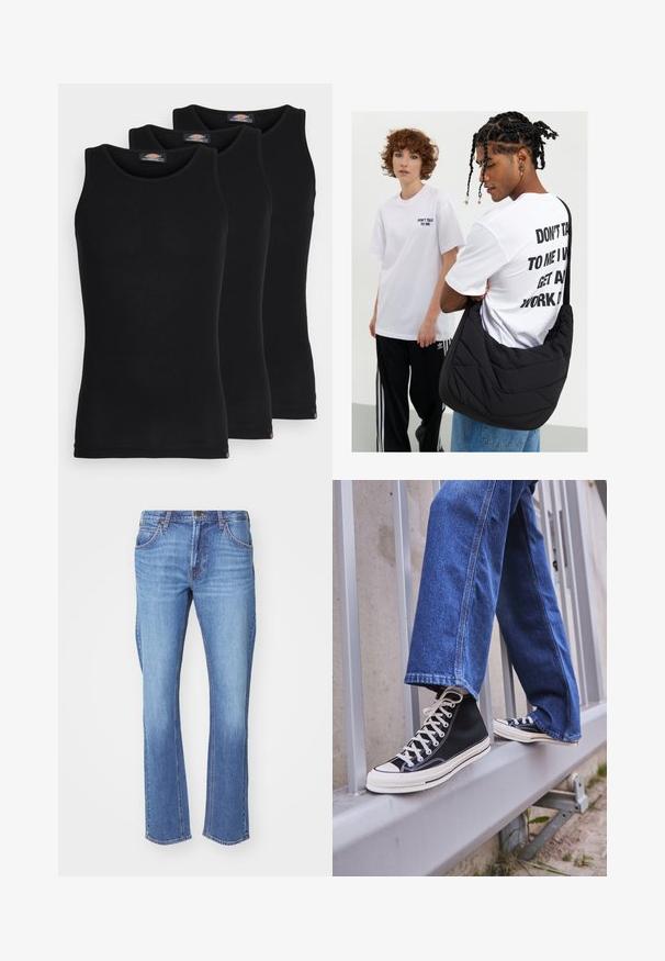 Camisetas sin mangas negras en un pack de tres. Textura acanalada, escote redondo estándar. El dobladillo presenta un pequeño logo de la marca en la parte inferior.; Pantalones vaqueros de denim azul claro con un diseño recto, estilo de cinco bolsillos, ligeras marcas de uso y piernas ligeramente acampanadas. Cierre clásico de botón y cremallera metálicos.; Zapatillas de deporte negras de caña alta con suela y cordones blancos, combinadas con unos vaqueros de denim azul holgados, apoyadas en una barandilla gris.; Bolso de hombro negro acolchado con una textura suave, llevado por una persona con una camiseta gráfica blanca con texto en negrita. Conjunto casual con vaqueros.