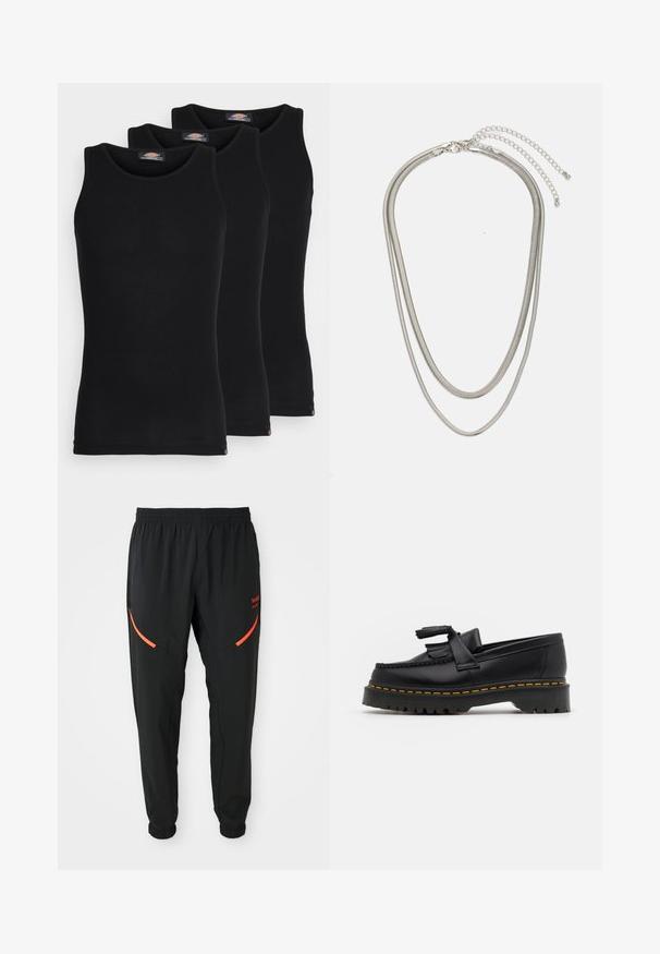 Fekete ujjatlan trikók három darabos kiszerelésben. Bordás textúra, klasszikus kerek nyakkivágás. Az alján kis márkajelzés található.; Fekete sportnadrág rugalmas derékrésszel és mandzsettákkal, ferde, piros cipzáras zsebekkel és apró piros márkaszöveggel a jobb combon.; Fekete bőr mokaszin, rojtos díszítéssel, masszív fekete talppal és sárga varrással az élén. Texturált felület.; Háromrétegű ezüstszínű fém nyaklánc, letisztult, rugalmas láncokkal, enyhe fényességgel, homárkapoccsal rögzítve és állítható lánccal.