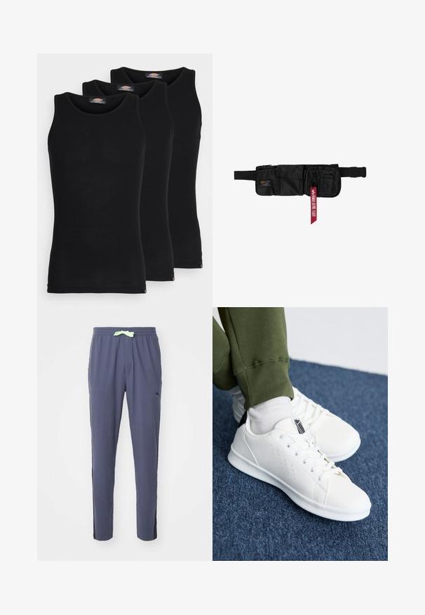 Čierne tielka v balení po troch kusoch. Ríflový povrch, klasický okrúhly výstrih, bez rukávov. Lem obsahuje malé logo značky na spodnej strane.; Námornícke tepláky vyrobené z mäkkého materiálu s elastickým pásom a svetlozelenou šnúrkou na stiahnutie, s čiernymi bočnými akcentmi.; Biele tenisky vyrobené z hladkého syntetického materiálu, s perforovanými dizajnovými akcentmi, čiernym pätovým panelom a plochou bielou gumovou podrážkou.; Čierna nylonová bedrová taška s viacerými zipsovými vreckami a nastaviteľným popruhom. Obsahuje červenú etiketu s textom "ALPHA" a "PRÍĎTE PRED ZLATOM".