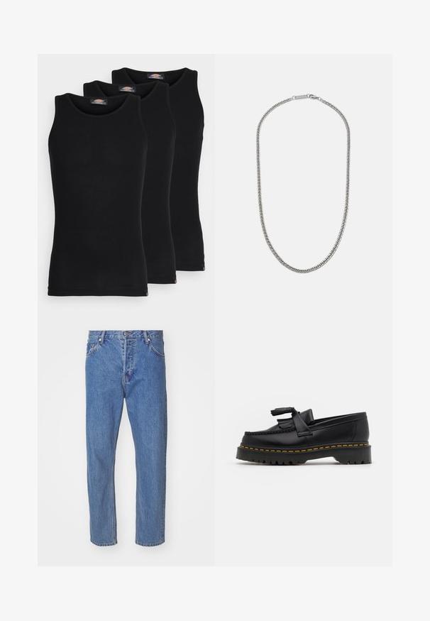 Sorte tanktoppe i en pakke med tre. Ribbet tekstur, standard rund halsudskæring, uden ærmer. Kanten har et lille brandlogo nederst.; Blå denim jeans med lige ben-design, der har en lynlåsgylp, fem lommer og subtile slidser. Klassisk mellemhøj talje.; Sort læderloafer med en frynsedetalje, der har en kraftig sort sål og gul syninger langs kanten. Teksturert overflade.; Sølv metal kædese, der har et fladt linkdesign, glat tekstur og en lås med et mærketag.
