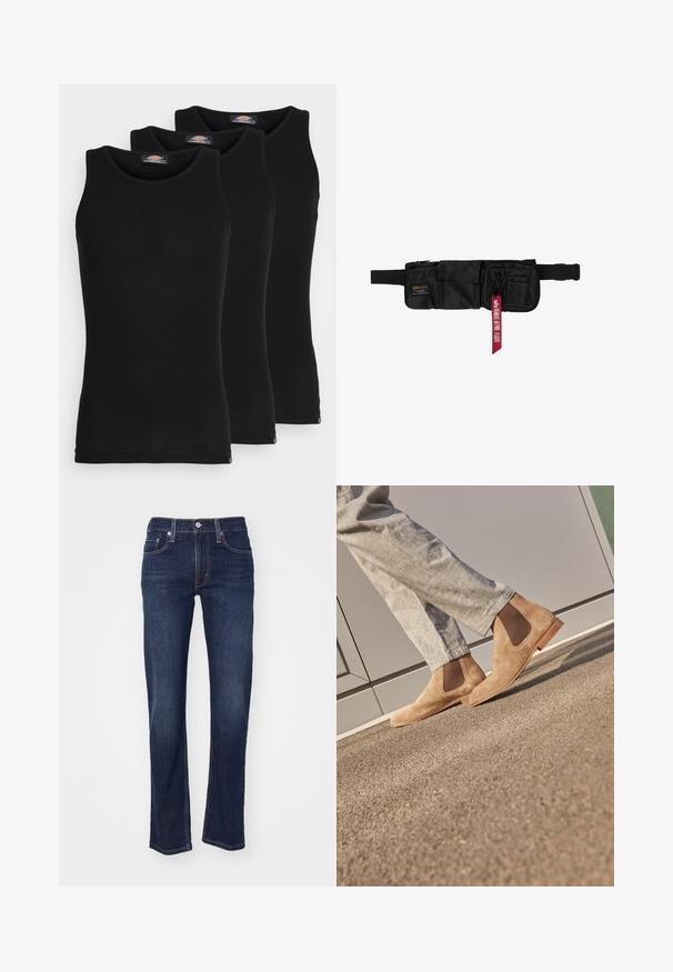 Fekete ujjatlan trikók három darabos kiszerelésben. Bordás textúra, klasszikus kerek nyakkivágás. Az alján kis márkajelzés található.; Sötétkék farmernadrág egyenes lábvágással, hagyományos öt zsebes kialakítással és varrási részletekkel az illesztéseken.; Barna velúr Chelsea csizma, elasztikus oldalsó panelek és sima színezett gumitalp jellemzi, világosszürke nadrággal egy texturált felületen párosítva.; Fekete nylon deréktáska több cipzáras zsebbel és állítható pánttal. Jellemzője egy piros címke "ALPHA" és "ARRIVE BEFORE FLIGHT" felirattal.