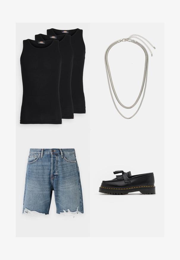 Schwarze Tanktops im Dreierpack. Gerippte Textur, klassischer Rundhalsausschnitt, ohne Ärmel. Der Saum hat am unteren Ende ein kleines Markenlogo.; Helle blaue Denim-Shorts mit ausgefranstem Saum, Fünf-Taschen-Design und sichtbaren Nähten. Verfügt über einen Knopfverschluss an der Taille.; Schwarze Lederloafers mit einem fransenverzierten Akzent, ausgestattet mit einer robusten schwarzen Sohle und gelber Naht entlang der Kante. Texturierte Oberfläche.; Dreischichtige Halskette aus Silbermetall mit schlanken, flexiblen Ketten mit leichtem Glanz, gesichert mit einem Karabinerverschluss und verstellbarer Kette.