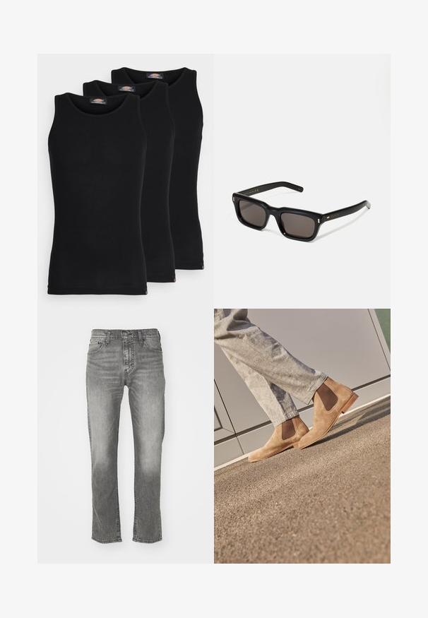 Črne majice brez rokavov v paketu treh. Rebrasta struktura, standardni okrogel izrez, brez rokavov. Rob ima majhen logotip blagovne znamke na dnu.; Sive kavbojke s ravnim rezom, ki vključujejo gumbasto zapiranje, pet žepov in kontrastno šivanje ob šivih.; Rjavi semiš Chelsea čevlji z elastičnimi stranskimi paneli in gladkim svetlo rjavim gumijastim podplatom, ujemajoče se s svetlo sivimi hlačami na teksturirani površini.; Črne pravokotne sončna očala s temnimi lečami, debelim plastičnim okvirjem, zlatimi detajli na templjih in izgravirano blagovno znamko na ročaju.