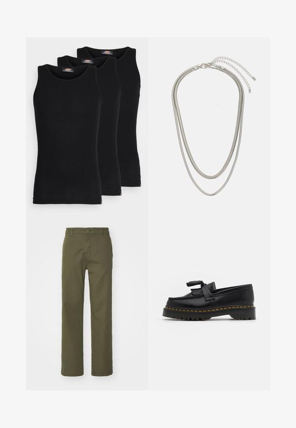 Mustat hihattomat t-paidat kolmessa paketissa. Ribbed-kudontaa, tavallinen crew-kaarroke, ilman hihoja. Helmaosa sisältää pienen brändilogon alareunassa.; Vihreät oliivinväriset housut suoran lahkeen muotoilulla, napilla ja vetoketjulla suljettuna sekä sivutaskuilla. Kangas näyttää sileältä, jossa on kevyt tekstuuri.; Musta nahkakengät, joissa on tupsuakkentti, paksu musta pohja ja keltainen ommel reunassa. Rakeinen pinta.; Kolmikerroksinen hopeametallinen kaulakoru, jossa on tyylikkäitä, joustavia ketjuja, joissa on hieno kiilto. Kaulakoru on kiinnitetty hummerilukolla ja siinä on säädettävä ketju.