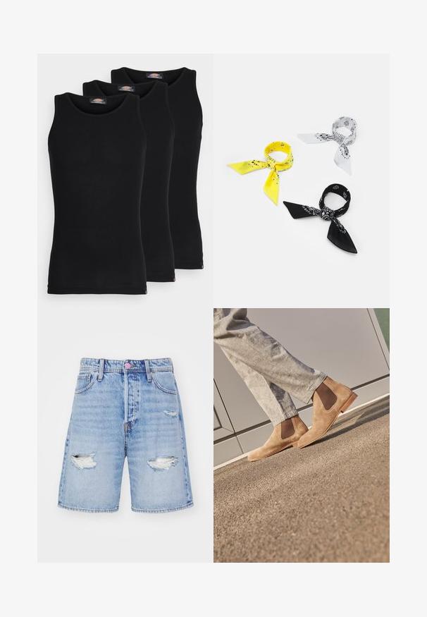 Melni bezpiedkakla topi trīs komplektā. Ribota tekstūra, standarta apaļā izgriezumā, bez piedurknēm. Apakšmalā ir neliela zīmola logo.; Gai zila denima šorti ar nolietojuma detaļām, ar saplēstām vietām un taisnu griezumu. Iekļautas piecas kabatas un pogu aizdares sistēma.; Brūni zamšādi Čelsija zābaki ar elastīgiem sānu paneļiem un gludu gaiši brūnu gumijas zoli, saskaņoti ar gaiši pelēkiem biksēm uz teksturētas virsmas.; Trīs bandanas: viena dzeltena ar melniem rakstiem, viena balta ar melniem dizainiem un viena melna ar baltiem attēliem. Visi ir kvadrāti, viegli audumi.