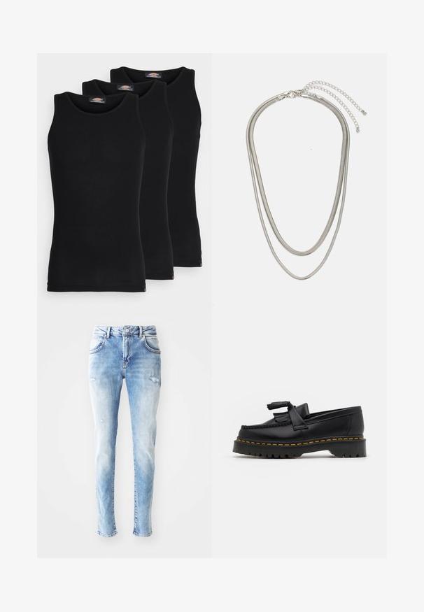 Juodi maikutai trijų pakuotėje. Raštuota tekstūra, standartinė apvalia iškirpte, be rankovių. Apačia papuošta mažuoju prekės ženklu.; Šviesiai mėlyni džinsai su išblukusiu finišu, turintys dėvėtus lopus ir klasikinį penkių kišenių dizainą. Tiesūs kojos, vidutinio aukščio liemuo.; Juodas odinis loaferis su kutais, turintis masyvų juodą pado ir geltonus siūlus palei kraštą. Textūruota danga.; Trijų sluoksnių sidabrinė metalinė apyrankė, kuri pasižymi stilingomis, lankstosiomis grandinėlėmis su švelniu blizgesiu, užsegama krabų užsegimu ir reguliuojama grandinė.