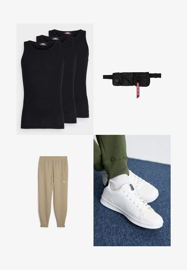 Camisetas sin mangas negras en un pack de tres. Textura acanalada, escote redondo estándar. El dobladillo presenta un pequeño logo de la marca en la parte inferior.; Puma STUDIO TEXTURE - Pantalones deportivos - oak branch; Zapatillas blancas hechas de material sintético liso, con acentos de diseño perforado, lengüeta negra en el talón y suela de goma blanca plana.; Bolso de cintura de nailon negro con múltiples bolsillos con cremallera y correa ajustable. Presenta una etiqueta roja con el texto "ALPHA" y "LLEGAR ANTES DEL VUELO".