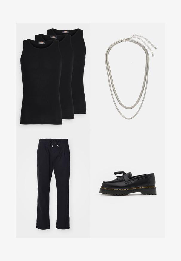 Tricouri negre fără mâneci, vândute într-un pachet de trei. Textură râscută, decolteu standard tip crew. La tiv se află un mic logo al brandului.; Pantaloni negri, ușori, cu talie elastică și șnur. Au o croială relaxată, pliuri și tivuri. Fabricat din material respirabil.; Mocasini din piele neagră cu un accent ciufulit, având o talpă groasă neagră și cusături galbene pe margine. Finisaj texturat.; Colier din metal argintiu în trei straturi, cu lanțuri elegante și flexibile, cu un ușor luciu, asigurat cu un închizător de tip homar și un lanț ajustabil.