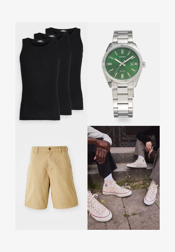 Camisetas sin mangas negras en un pack de tres. Textura acanalada, escote redondo estándar. El dobladillo presenta un pequeño logo de la marca en la parte inferior.; Pantalones cortos de algodón beige tipo cargo con bolsillos frontales y laterales, trabillas y cierre de botón metálico. Corte recto y diseño hasta la rodilla.; Zapatillas de lona beige de caña alta con franja roja, suela de goma blanca y ojales de metal, con el icónico logo de estrella en el lateral.; Reloj de acero inoxidable plateado con un dial verde redondo, marcadores de hora plateados, indicador de fecha y una pulsera de eslabones de metal. Resistente al agua hasta 50 metros.