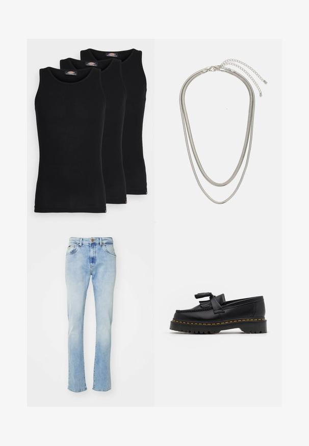 Mustad mustasid maikat, pakis kolm tükki. Ribidega tekstuur, standardne ümardatud kaelus, ilma varrukateta. Hemil on all väike brändi logo.; Heledad sinine teksapüksid, sirge lõikega, viie taskuga, nööbi sulgemisega ning kergelt kulunud osa reite ja alumise serva juures.; Mustmust musta loafer, millel on frantsiisi aktsent, paks must tald ja kollane õmblus servas. Tekstuuriga viimistlus.; Kolmekihiline hõbedane metallkaelakee, mis on valmistatud peentest, paindlikest kettidest kerge läikega, kinnitatud krabi sulguri ja reguleeritava ketiga.