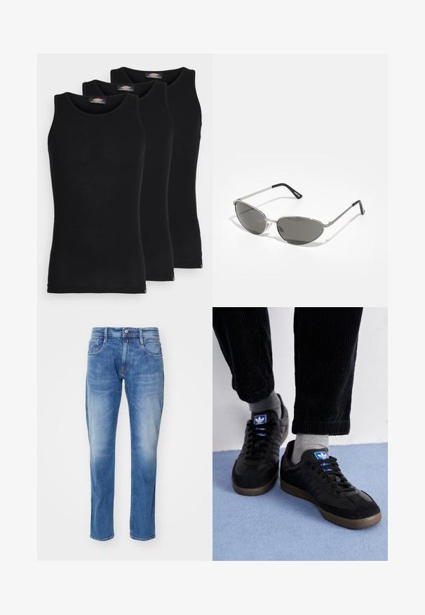 Mustad mustasid maikat, pakis kolm tükki. Ribidega tekstuur, standardne ümardatud kaelus, ilma varrukateta. Hemil on all väike brändi logo.; Heledad denimist valmistatud helesinised teksad, sirge lõikega, viie tasku disainiga, kergete plekkide ja tavalise vöökoha ning nööpkinnitusega.; Mustad mustad, mis on valmistatud siidist ja nahast, sinise logoga ja pruunist kummist tallaga. Kombineeritud hallide sokkide ja sametpükstega.; Prillispid prillid, millel on peen hõbedane metallraam, hallid toonitud läätsed ja aerodünaamiline disain, millel on teravad servad ja õhukesed varred.; Hõbedatooni metallkaelakee, millel on keerduv ketidisain ja läikiva pinnaga ümmargune ripats.