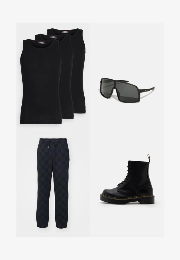 Tops de tanque pretos em um pacote de três. Textura canelada, decote redondo padrão, sem mangas. A barra apresenta um pequeno logotipo da marca na parte inferior.; HUGO NORLIRY - Calças de fato de treino - black; Botas de couro pretas até ao tornozelo com fecho de atacadores na frente, costura amarela, biqueira arredondada e sola espessa e texturizada em borracha.; Óculos de sol pretos com uma grande armação angular, lentes escuras e hastes finas e elegantes, apresentando um pequeno logótipo de um lado.; Conjunto de sete anéis de prata com vários designs, incluindo padrões torcidos, entrelaçados e gravados. Diferentes formas e larguras.