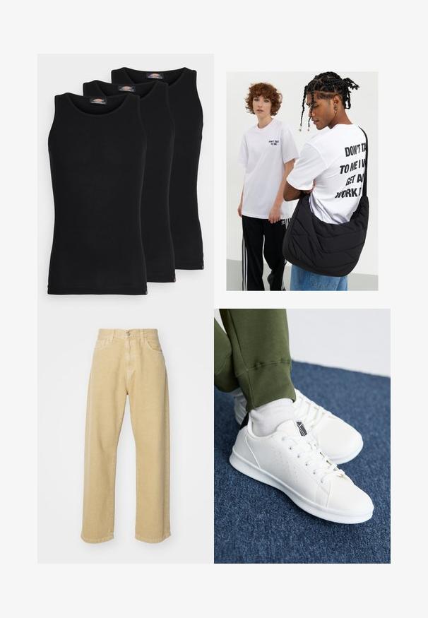 Černé tílka v balení po třech. Žebrovaná textura, standardní kulatý výstřih, bez rukávů. Spodní lem má malé logo značky.; Beige džíny s rovnými nohavicemi, které mají pět kapes, zapínání na knoflíky a čistý lem. Měkká textura.; Bílé tenisky z hladkého syntetického materiálu, s perforovanými designovými akcenty, černým nohavičkem na patě a plochou bílou gumovou podrážkou.; Černá prošívaná taška na rameno s měkkou texturou, kterou má na sobě osoba v bílém grafickém tričku s výrazným textem. Neformální oblečení s džíny.