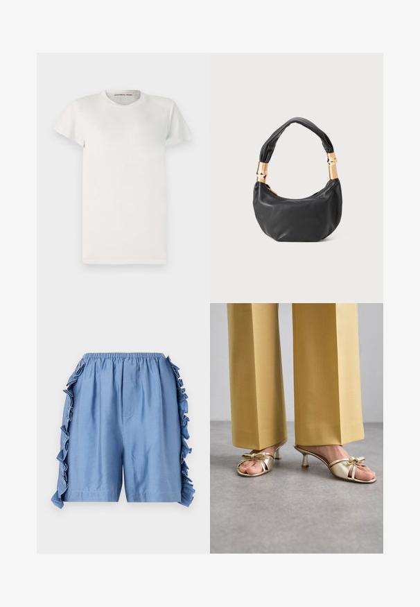 Balta trumpa rankovėmis marškinėliai, pagaminti iš medvilnės, su apvaliu iškirpimu ir paprastu siluetu. Ant apykaklės yra etiketės su užrašu "DESIGNERS REMIX".; Šviesiai mėlynos medvilnės šortai su elastingu juosmeniu, su volanų detalėmis šoniniuose siūluose ir laisvu siluetu.; Stuart Weitzman FELICITY BOW SLIDE - Pantoletai su kulnu - platino; Juodas odinis rankinukas apvalios formos, minkštos tekstūros su susietu rankena ir auksinės spalvos detalėmis. Užtrauktuko uždarymas.