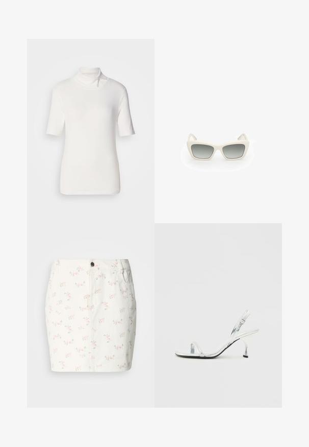 Hvid kortærmet turtleneck bluse, lavet af strækbart stof, med en høj krave og en lynlåsdetalje ved halsen.; Hvid denimnederdel med et blomster mønster i pink og grøn, med frontknaplukning og sidelommer. Kort længde.; Sølv patentlæder slingback højhælede sandal med en smal tårem, justerbar spænde og en slank hæl.; Sunglasses med katteøje-design, hvid plastikramme, grå gradientlinser og tynde stænger med subtil brandingdetalje.