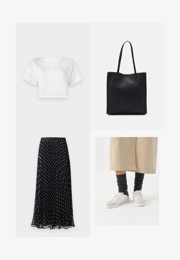 Weißes, kurzes T-Shirt aus Baumwolle. Kurze Ärmel, runder Ausschnitt, glatte Textur, lässiges Design ohne Muster oder Verzierungen.; Schwarzer, plissierter Midi-Rock mit einem weißen Punktmuster, ausgestattet mit einem elastischen Bund für eine flexible Passform. Leichtes, fließendes Material.; Weiße und graue Sneakers mit einem schwarzen Fersenelement, ausgestattet mit einem glatten Lederoberteil und einer strukturierten Wildlederzehe. Tragen mit dunkelgrauen, lässigen Socken.; Schwarze Laptoptasche aus Leder mit glatter Textur, rechteckiger Form und zwei langen Griffen. Keine sichtbaren Beschläge oder Verzierungen.