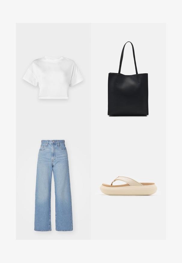 Vit kortärmad t-shirt i bomull. Korta ärmar, rund halsringning, slät textur, avslappnad design utan mönster eller dekorationer.; Ljusblå högmidjade vida jeans med knapp- och dragkedjestängning, fram- och bakfickor, mot en vit bakgrund.; Beige flip-flop sandal med en bred tåslinga och en tjock, rundad sula. Har ett glättat övre material och en kontrasterande brun fotbädd.; Svart lädertoffelväska med slät textur, rektangulär form och två långa handtag. Ingen synlig hårdvara eller dekorationer.