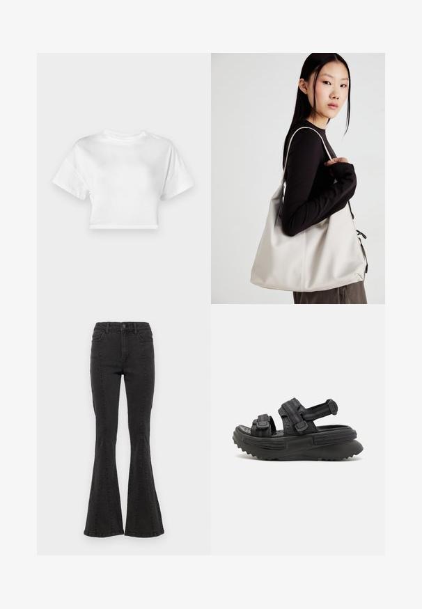 T-shirt blanc court en coton. Manches courtes, col rond, texture lisse, design décontracté sans motifs ni embellissements.; Jeans en denim noir évasés à taille haute, avec des coutures latérales et une finition nette à l'ourlet. Le tissu a une texture lisse avec une légère élasticité.; Sandales à plateforme noires avec des sangles ajustables, semelle en caoutchouc avec un motif de crante et un tissu texturé pour le confort et le soutien.; Sac à main beige en matériau souple, avec un design décontracté, des détails cousus et deux poignées. Idéal pour un usage quotidien.