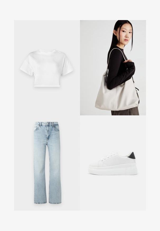 Camiseta cropped branca em algodão. Mangas curtas, decote redondo, textura suave, design casual sem padrões ou embellishments.; Jeans de denim azul claro com uma cintura alta, corte largo e desbaste subtil. Apresenta um design clássico de cinco bolsos e fecho de botão metálico.; Tênis plataforma brancos feitos de material sintético suave, apresentando ponta arredondada, design com cadarços e sola de borracha texturizada. Acento preto no calcanhar.; Uma bolsa bege feita de material macio, com um design descontraído, detalhes de costura e duas alças para o ombro. Adequada para uso diário.