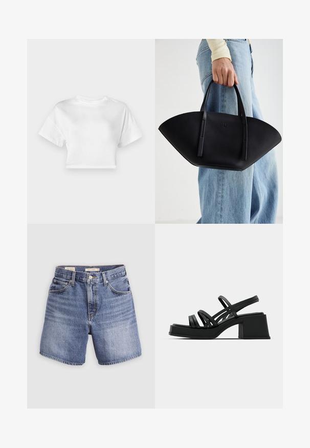 Weißes, kurzes T-Shirt aus Baumwolle. Kurze Ärmel, runder Ausschnitt, glatte Textur, lässiges Design ohne Muster oder Verzierungen.; Denim-Shorts in hellblauer Waschung, mit hoher Taille, fünf Taschen, Reißverschluss und Knopfverschluss. Einfacher, klassischer Schnitt mit geraden Beinen.; Schwarze Absatzsandalen mit mehreren dünnen Riemen und einem breiten Blockabsatz. Schlankes Design mit matter Textur. Der Fußbett hat eine leichte Kurve.; Schwarze Lederhandtasche mit einzigartiger Fächerform, ausgestattet mit flachen Griffen. Die Oberfläche hat eine genoppte Textur und ein minimalistisches Design.
