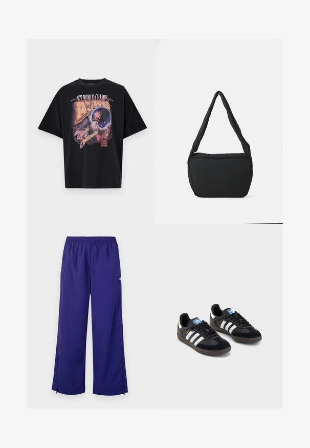 Czarna bawełniana koszulka z grafiką, na której znajduje się napis "MISTRZOWIE ŚWIATA 1972", projekt hełmu oraz "Starcie Wieku" w żywych kolorach.; Fioletowe, lekkie spodnie sportowe z elastycznym paskiem w talii i bocznymi zamkami przy mankietach. Gładka powierzchnia z delikatnym połyskiem.; Czarne sneakersy z zamszową i syntetyczną cholewką, wyposażone w trzy białe paski, teksturowaną gumową podeszwę oraz niebieską metkę z logo na języku.; Czarna torba na ramię o miękkiej teksturze, zaokrąglonym kształcie i szerokim pasku, z wytłoczonym logo z przodu.